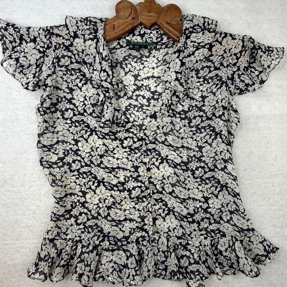Lauren Ralph Lauren Silk Floral Ruffle Blouse Peplum Top siren sz4 -faint spots - Picture 1 of 9